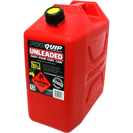 PRO QUIP 15L EMERGENCY PLASTIC FUEL JERRY CAN UNLEADED - RED - 1006