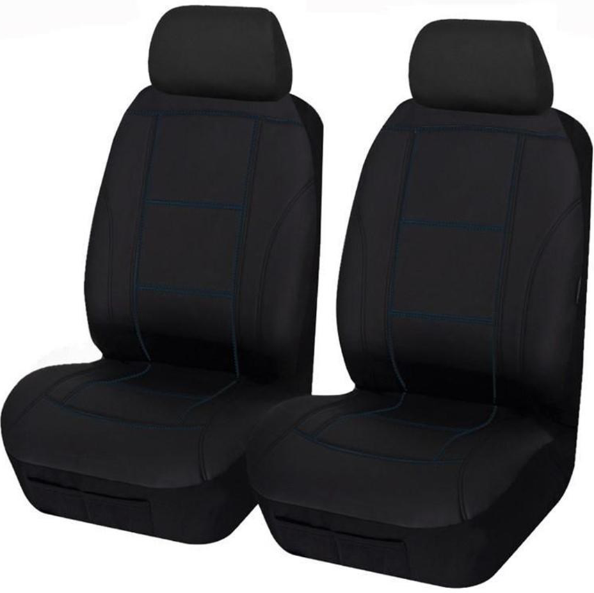 MYCAR LAVISH UNIVERSAL FRONT SEAT COVERS, SIZE 30/35 PU LEATHER LOOK - BLACK WITH BLUE STITCHING - LAVA3503